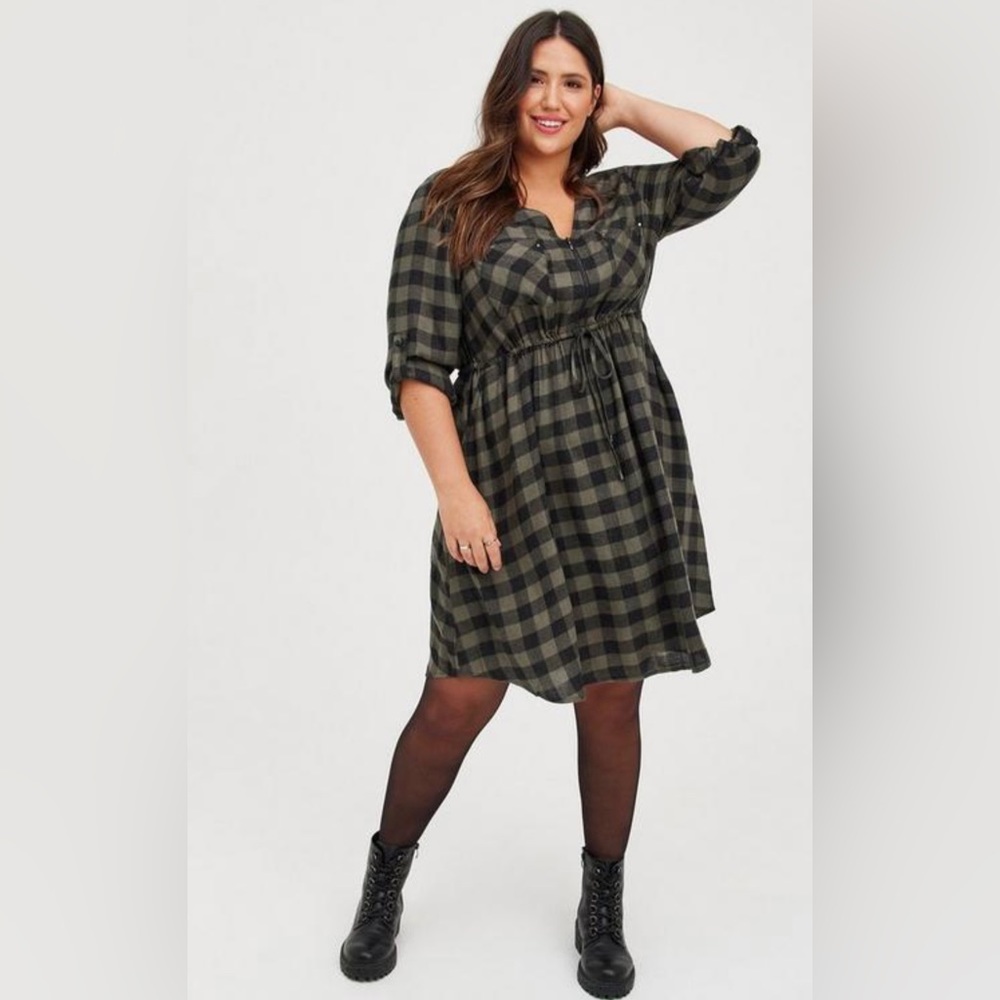 Torrid Brushed Rayon Zip-Front Shirt Dress - Plaid Olive Size 2 18/20 Sold out!